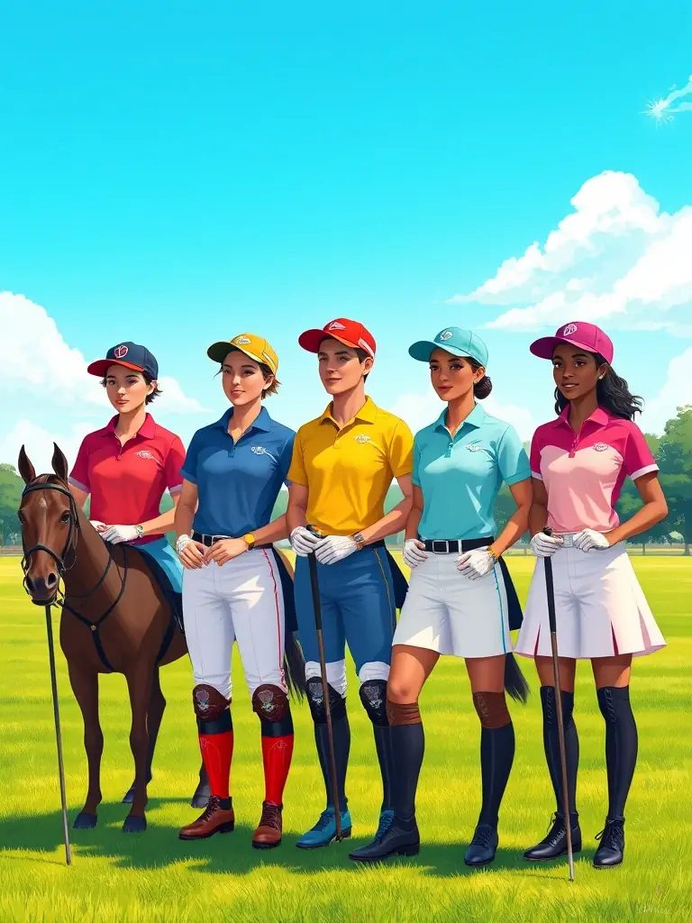 A diverse group of riders and polo players, representing the inclusive community that Champion Pride fosters, standing together in a show of unity and support.