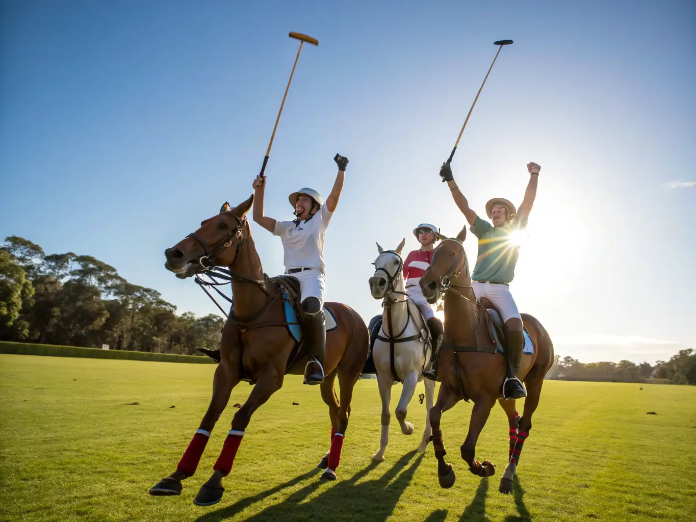 A photograph of a diverse group of polo players from different nationalities, laughing and celebrating together after a match, showcasing the camaraderie and networking opportunities within the Champion Pride community.