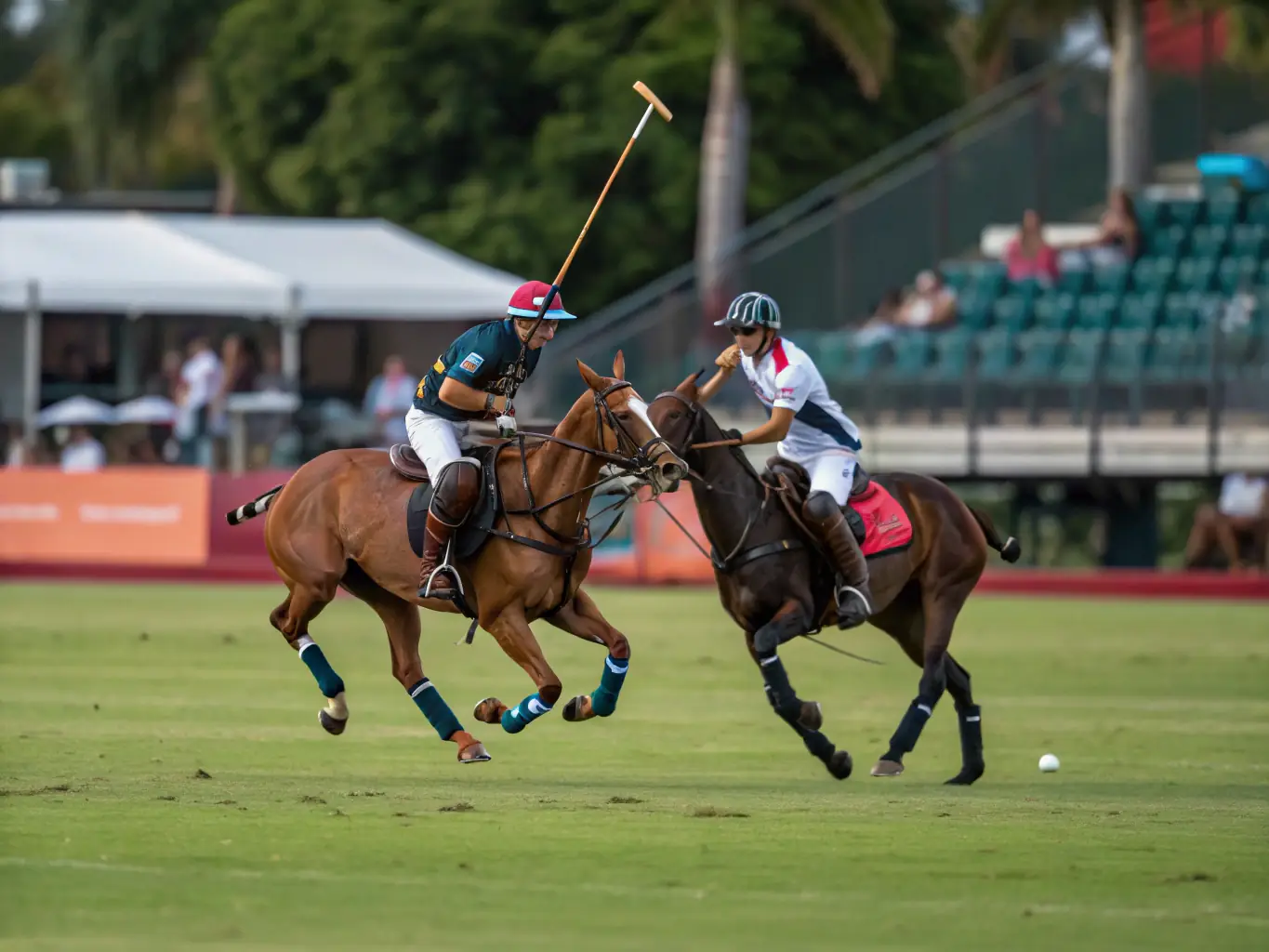 A vibrant image capturing the excitement of a Champion Pride polo match, showcasing players in action on well-groomed horses, with a backdrop of cheering spectators and luxurious hospitality tents.