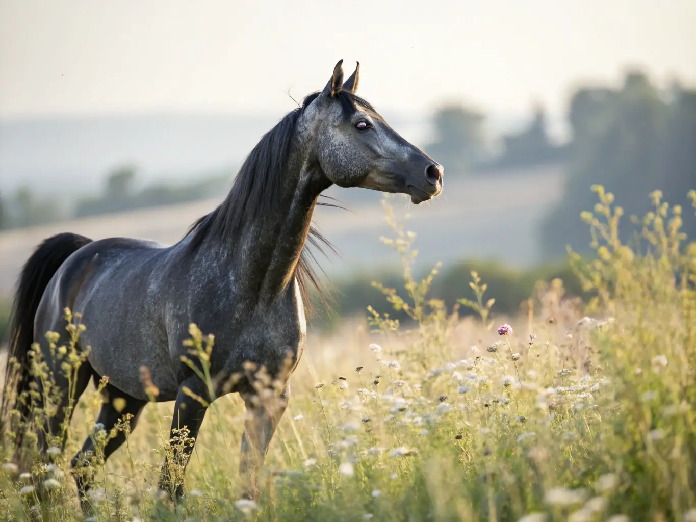 A close-up shot of a well-bred polo horse, highlighting its strength, agility, and the care it receives under the Champion Pride program, emphasizing the brand's commitment to horse-first development.